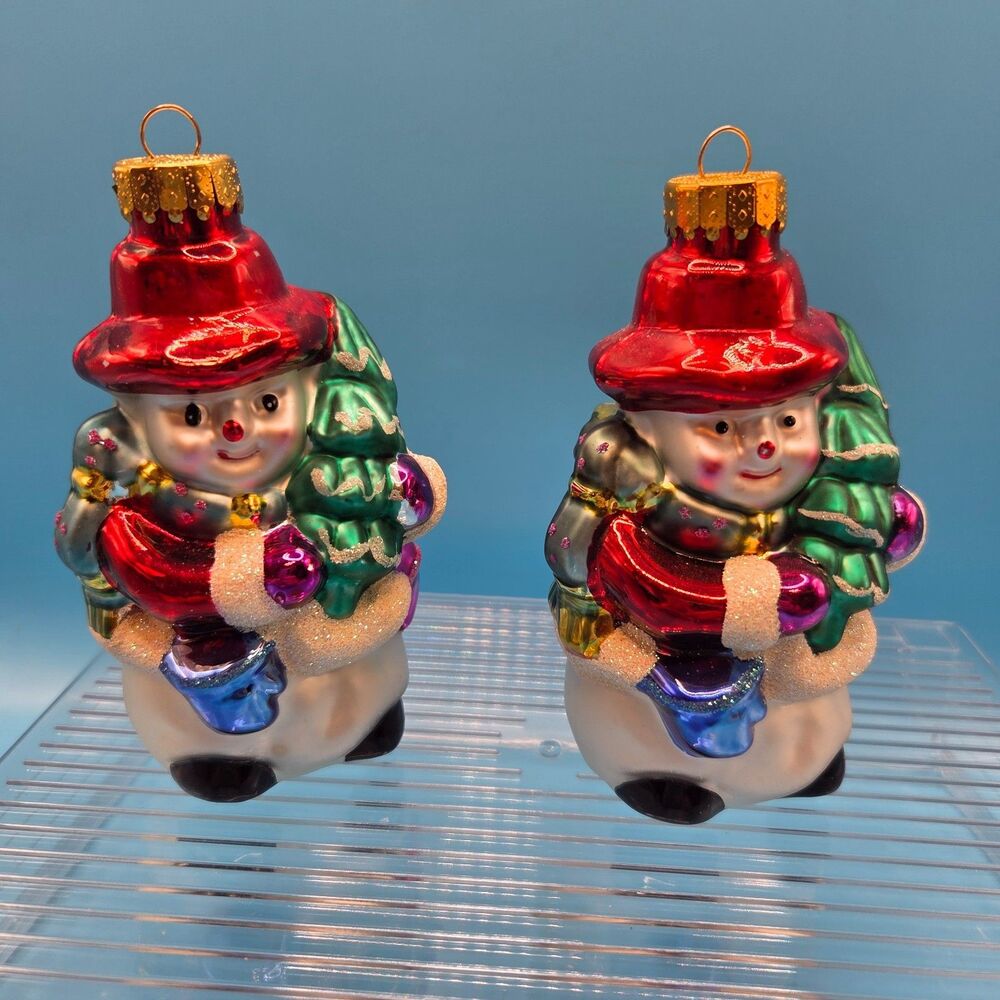 2004 Target Glass Snowman Christmas Tree Ornaments Set of 2 Hand Painted